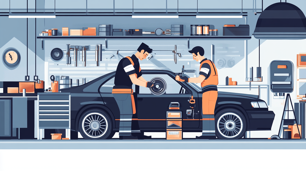 Top-rated Auto Repair Services In Zeeland, Mi Illustration of two mechanics working on a car in an auto repair shop.