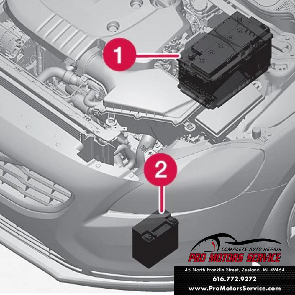 Why Should Both Auto Start and Regular Batteries Be Replaced at the Same Time? Diagram showing car battery locations under the hood, Pro Motors Service.
