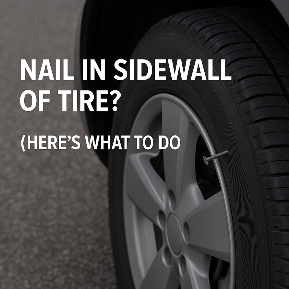 Car tire with a nail in the sidewall, text reading 'Nail in Sidewall of Tire?